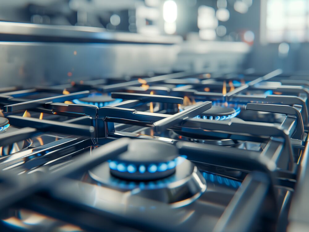 Gasherd in Betrieb mit blauer Flamme – Ermstalenergie als regionaler Energieversorger für Haushalte und Unternehmen.