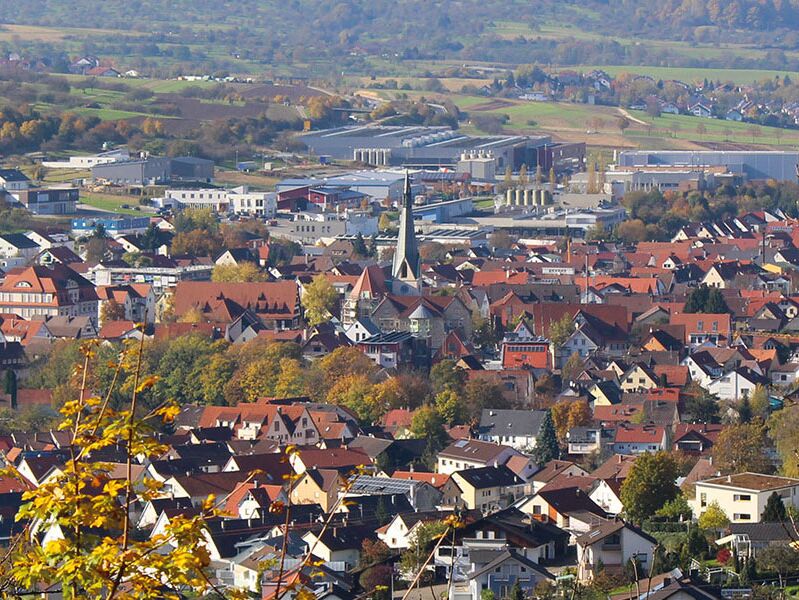 Luftbild der Stadt Dettingen mit dicht angeordneten Wohngebäuden im Stadtgebiet